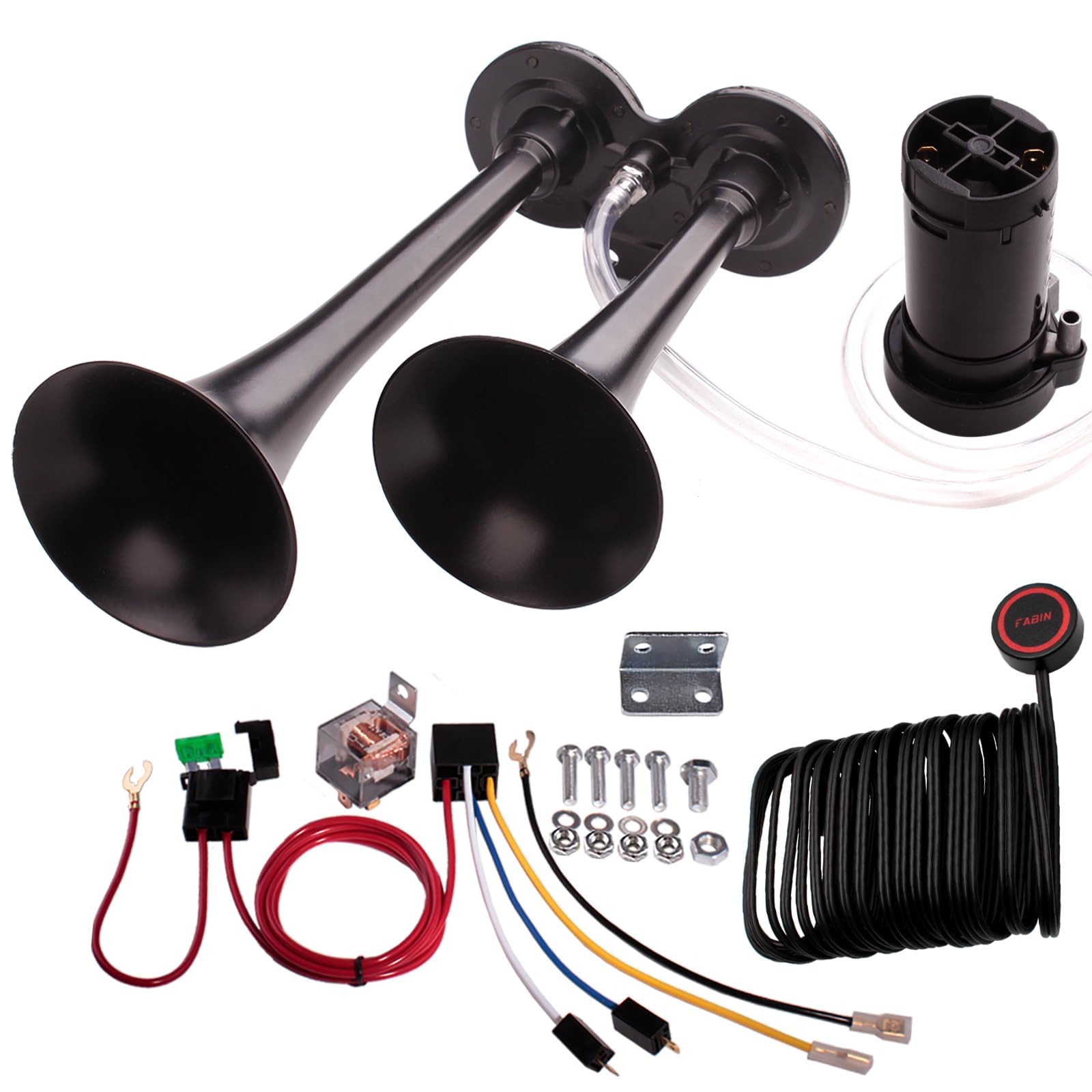 FARBIN Lautes Zug Horn für Auto 12V 150db Super Loud Air Horn Dual Trompete LKW Horn mit Kompressor und Knopf (12V, Schwarzes Doppelrohr Luft horn mit Knopf) von FARBIN