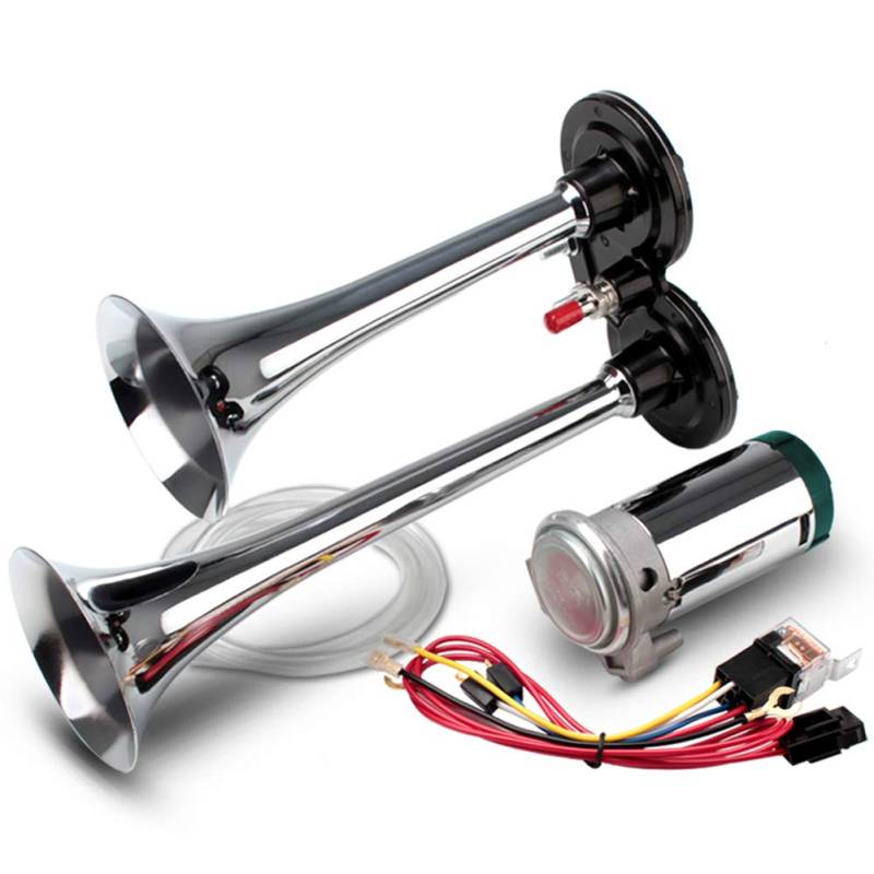 LKW Hupe 12v Luft Horn Auto Air Horn Kit Drucklufthorn mit Kompressor Chrom Zink Dual Trompete 150DB Super laut Doppelrohr Elektrische Luft Horn FARBIN (12V, Doppelrohr Luft horn) von FARBIN