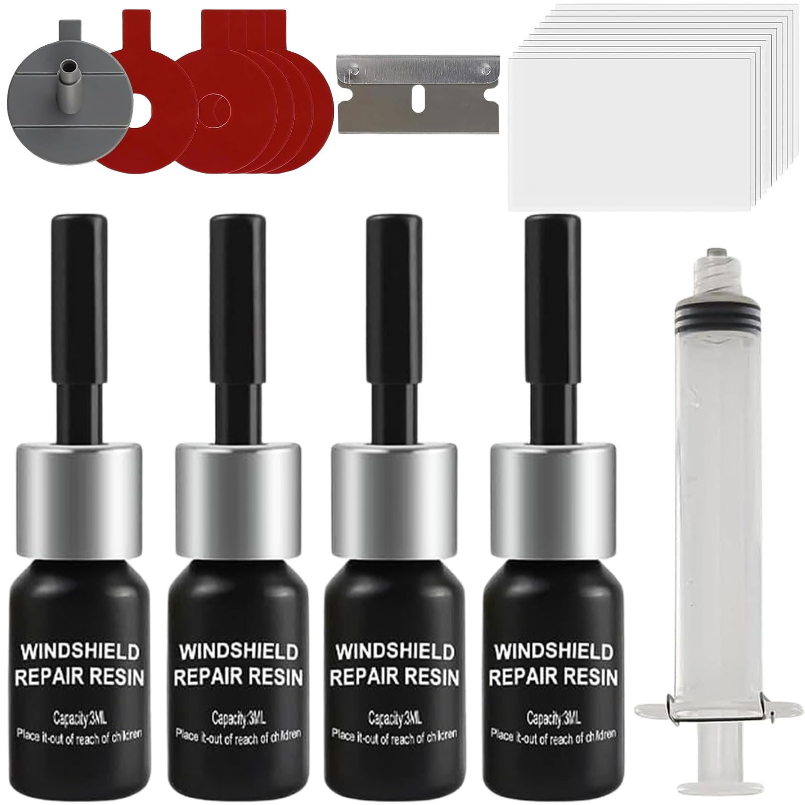 FARYODI Windschutzscheibe Reparatur Kit - Glas Reparatur Flüssigkeit,Glas Reparatur Set,4er-Pack Glas Reparatur Set zur Reparatur von Kratzern, Löchern, Spinnennetzen, Rissen und Sternförmigen Rissen von FARYODI