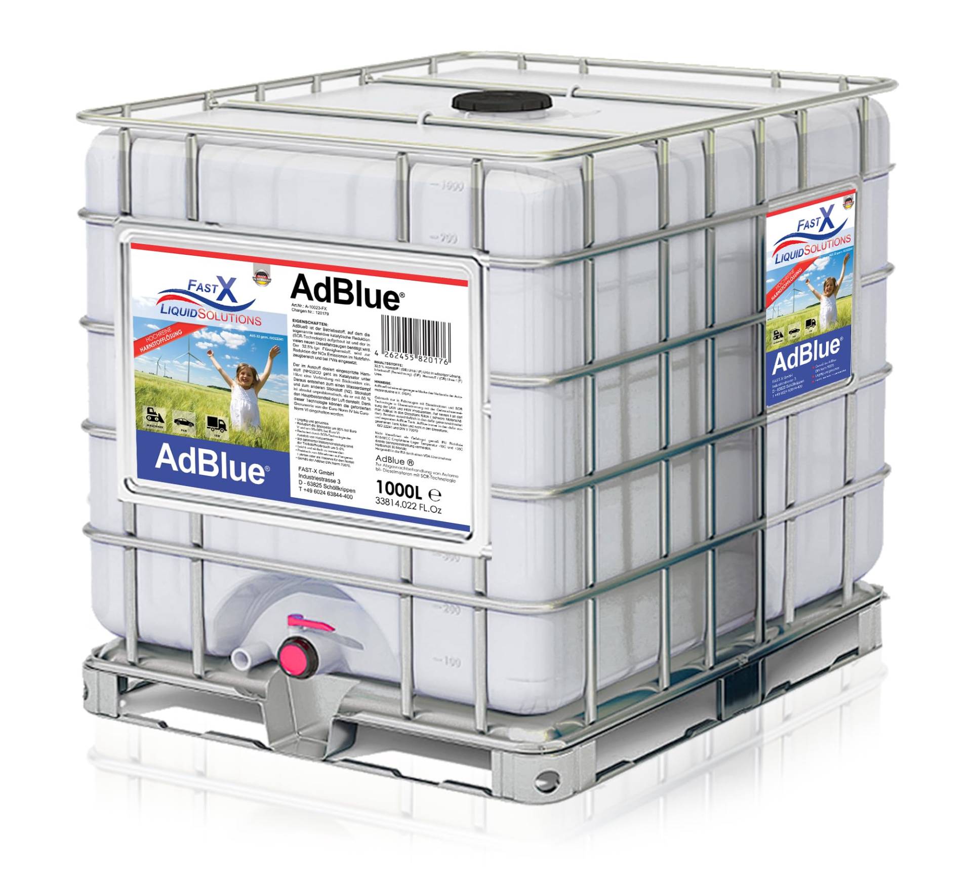 FAST X AdBlue Harnstofflösung 1000L IBC– Umweltfreundliche Emissionsreduzierung für Diesel mit SCR-Technologie, Euro-Norm Konform, Einfach Anzuwenden, 36 Monate Haltbar von FAST X