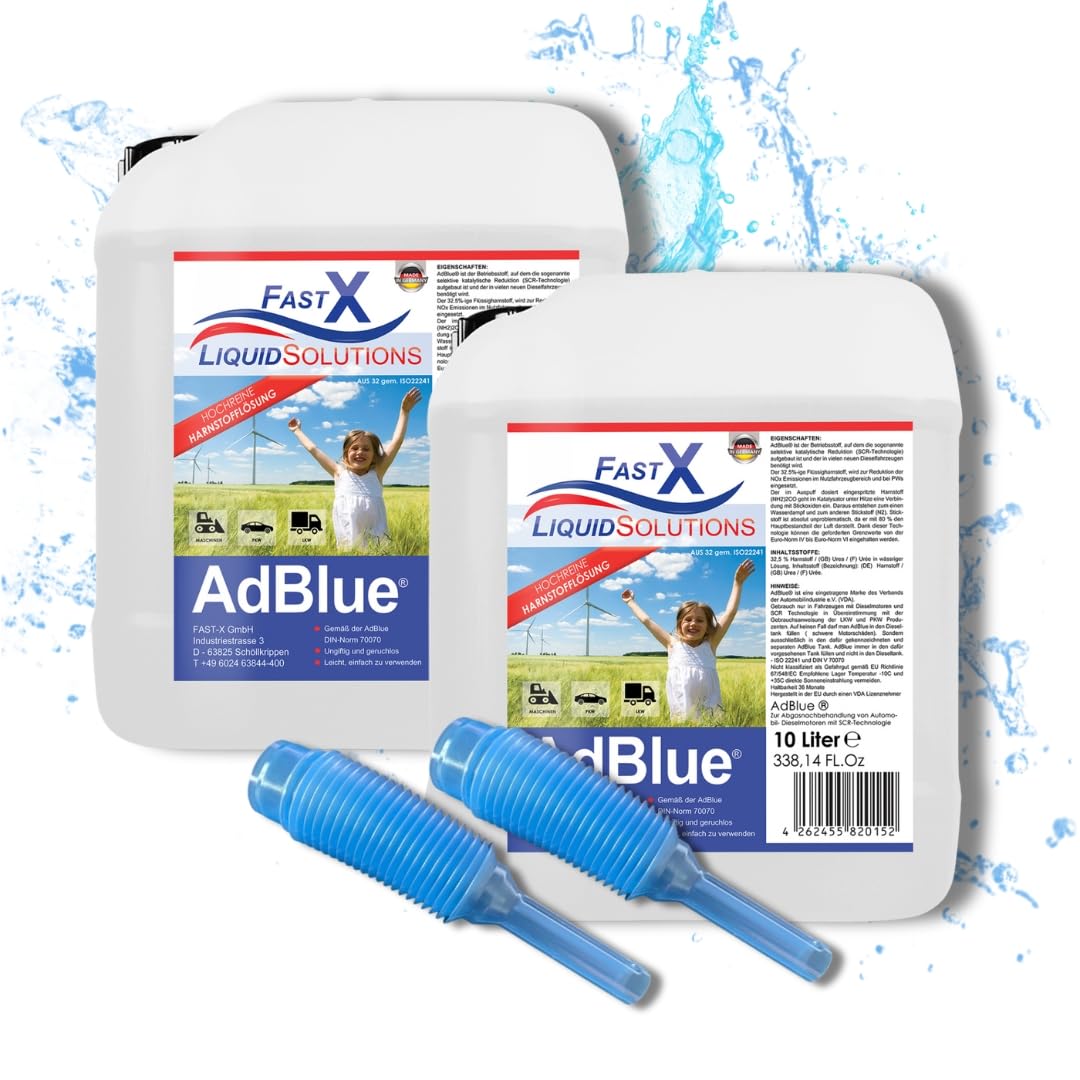 FASTX LIQUIDSOLUTIONS AdBlue 2x10 Liter (20Liter) Set inklusive Einfüllhilfe/Einfüllschlauch – Hochreine SCR Harnstoff, Harnstofflösung für Diesel Fahrzeuge, Auto, PKW, LKW von FASTX LIQUIDSOLUTIONS