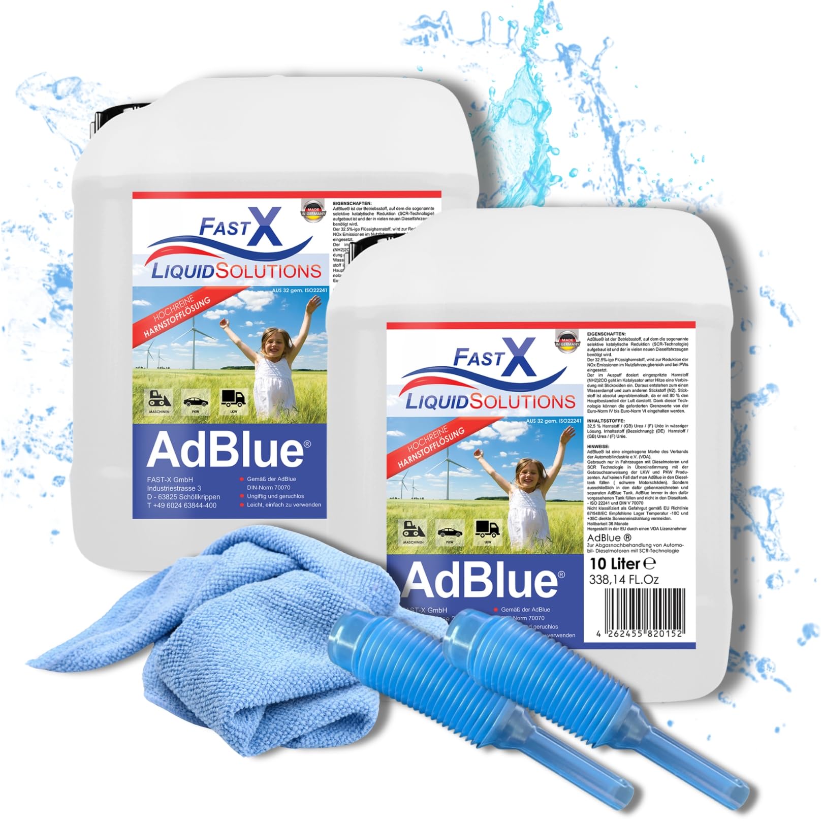 FASTX LIQUIDSOLUTIONS AdBlue 2x10 Liter Set inklusive Mikrofasertuch und Einfüllstutzen – Hochreine SCR Harnstofflösung für Dieselfahrzeuge von FASTX LIQUIDSOLUTIONS