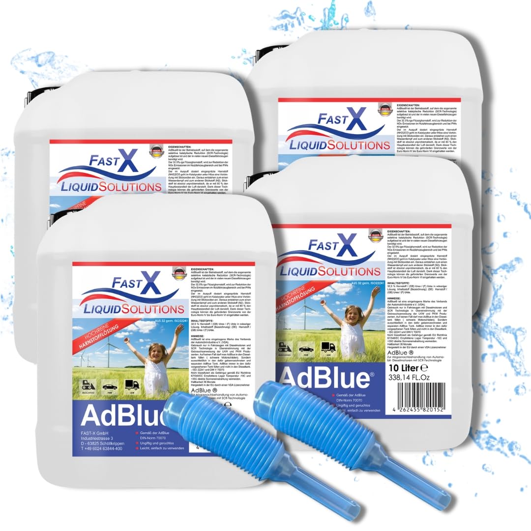 FASTX LIQUIDSOLUTIONS AdBlue 4x10 Liter (40Liter) Set inklusive Einfüllhilfe/Einfüllschlauch – Hochreine SCR Harnstoff, Harnstofflösung für Diesel Fahrzeuge, Auto, PKW, LKW von FASTX LIQUIDSOLUTIONS