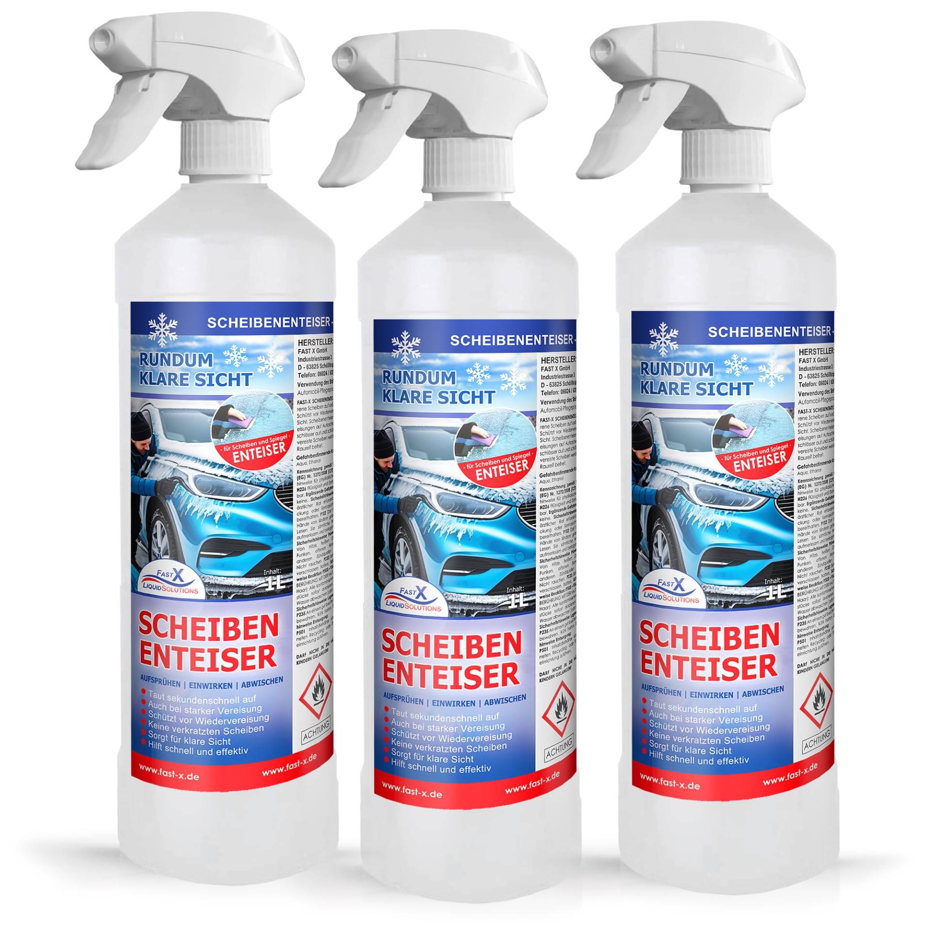 FASTX LIQUIDSOLUTIONS Fast X Hochleistungs-Scheibenenteiser – Schneller Enteiser für Klare Sicht und Sicherheit in der Winterzeit (3x1 Liter Spray) von FASTX LIQUIDSOLUTIONS