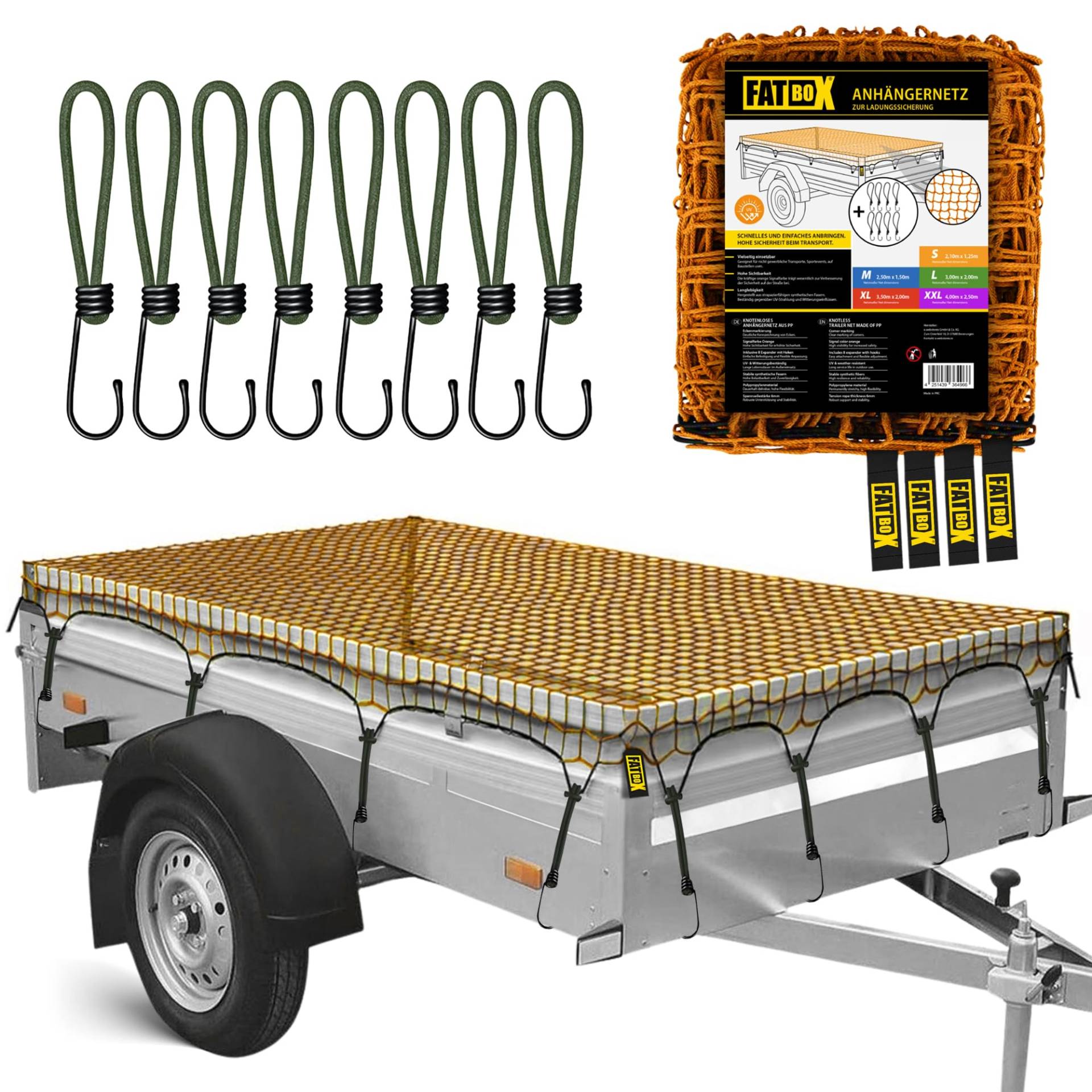 FATBOX Anhängernetz - DEHNBAR & ROBUST - Ladegutsicherung für Anhänger 1x2m bis 2x3m - UV-beständig - 4mm Kordel - Maschenweite 4cm (L - 3,00 x 2,00 m) von FATBOX
