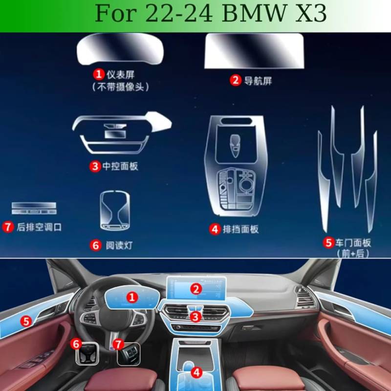 Autoinnenraum Mittelkonsole Media Gangschaltung Armaturenbrett Navigation TPU Kratzschutzfolie, Für BMW X3 2022-2024 von FCYADDQ