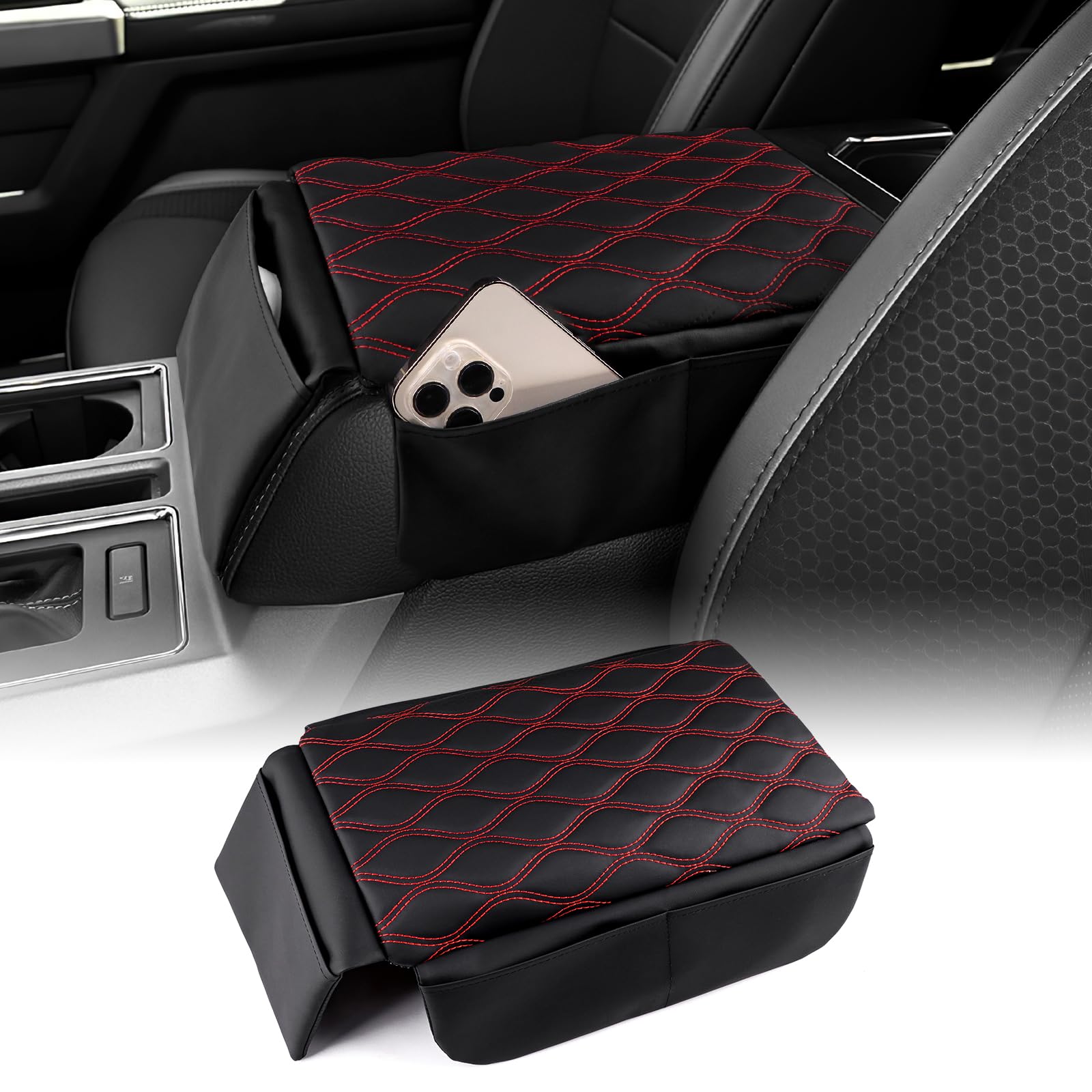 FDAIUN Auto Mitte Konsole Pad PU Leder Auto Armlehne Pad niversal Mitte Konsole Armlehne Abdeckung für die meisten Fahrzeuge SUV LKW Auto Interieur Schwarz mit roter Linie Large von FDAIUN