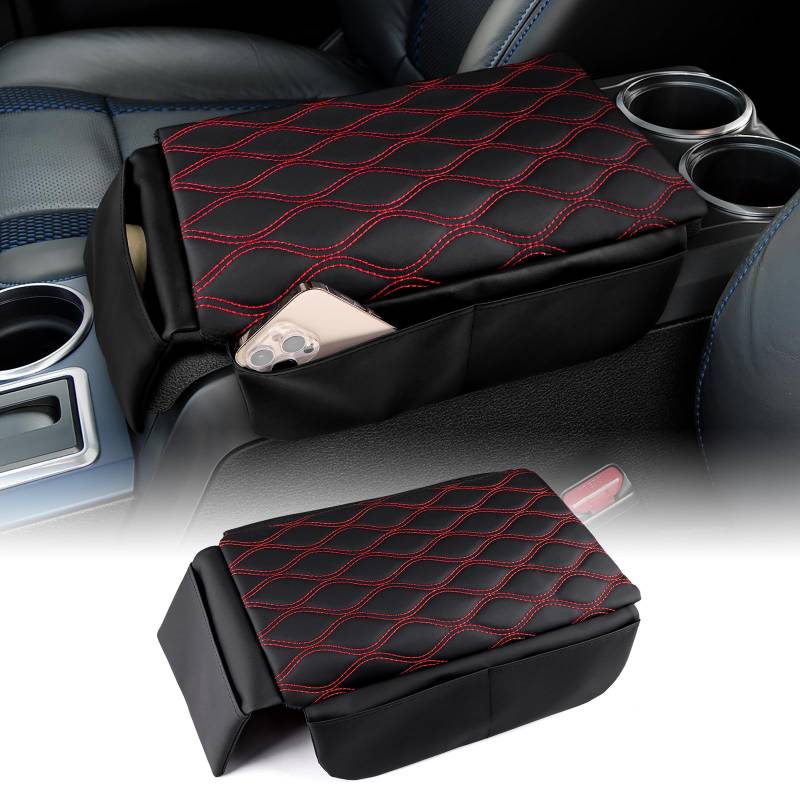 FDAIUN Auto Mitte Konsole Pad PU Leder Auto Armlehne Pad niversal Mitte Konsole Armlehne Abdeckung für die meisten Fahrzeuge SUV LKW Auto Interieur Schwarz mit roter Linie Small von FDAIUN