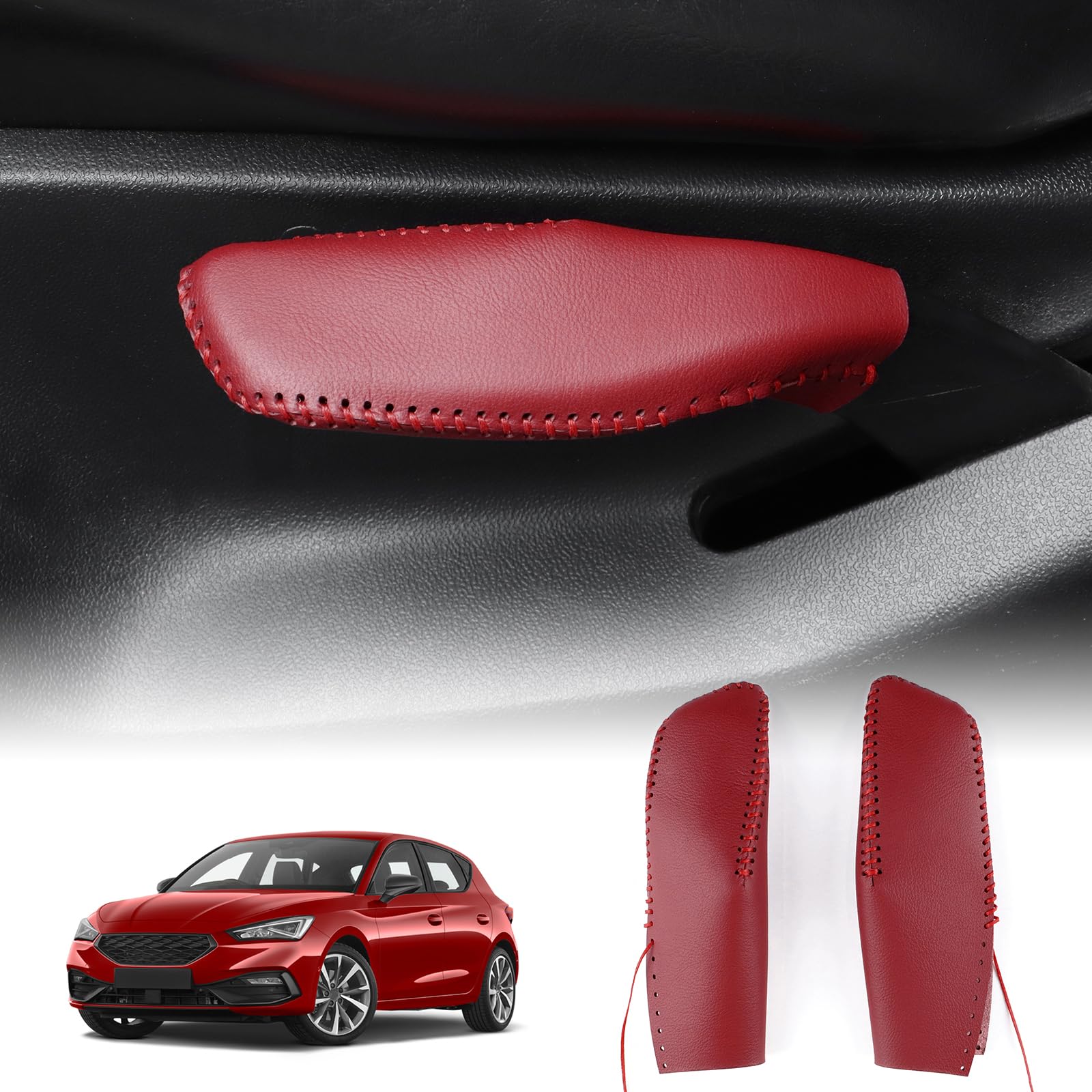 FDAIUN Autositz Anpassung Handgenähtes Leder Griffabdeckung Aufkleber Dekoration Compatible with Seat Leon 2005-2012 Zubehör 2Stück (Rot Rotes Kabel) von FDAIUN