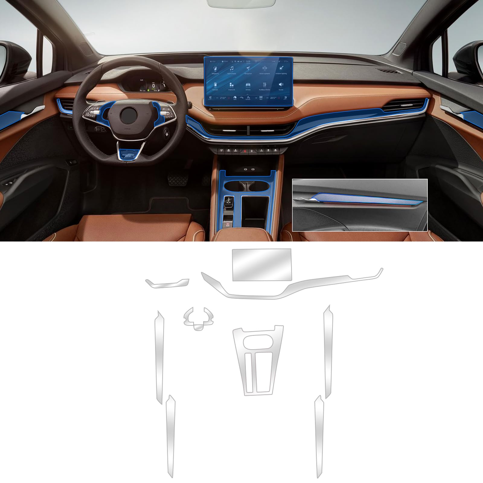 FDAIUN für Skoda ENYAQ iV 2021 2022 2023 2024 8.5mil TPU PPF Vorgeschnittene Selbstklebende Autoinnenraum Transparent Lackschutzfolie Zubehör Zentrale Schaltblende 11Teile von FDAIUN