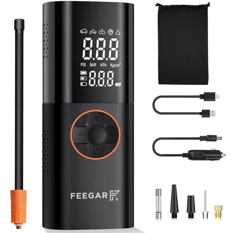 FEEGAR Portable Electric Air Compressor 150PSI Tire Inflator Battery 7800mAh Powerbank & 12V DC USB-C LCD Dual Screen Fahrradpumpe Elektrisch, Akku Kompressor mit Digitalanzeige und Notbeleuchtung von FEEGAR F