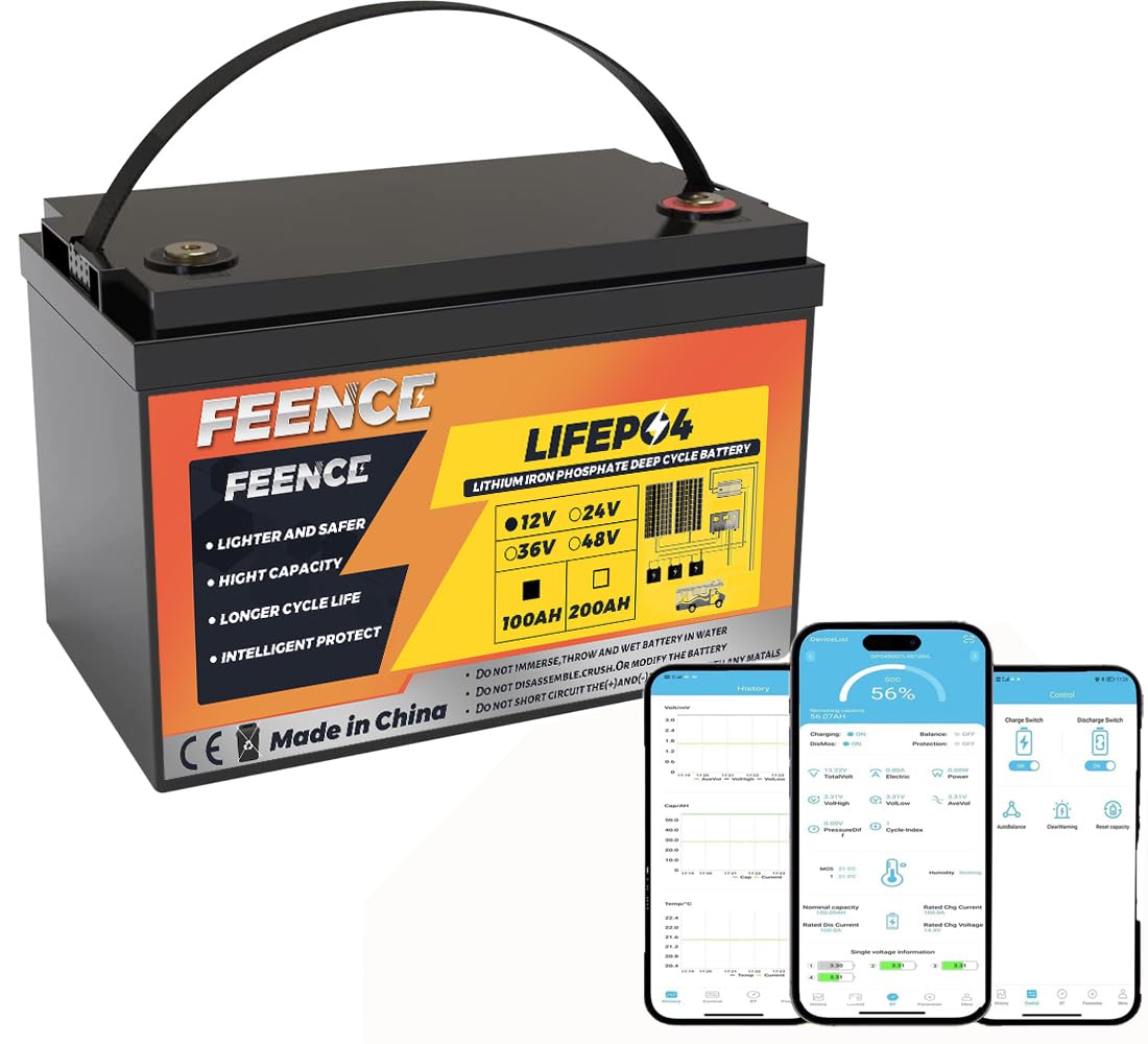 12V 100Ah Bluetooth LiFePO4 Lithium Battery, 100A BMS,Low Temperature Protection with Up to 8000 Cycles von FEENCE