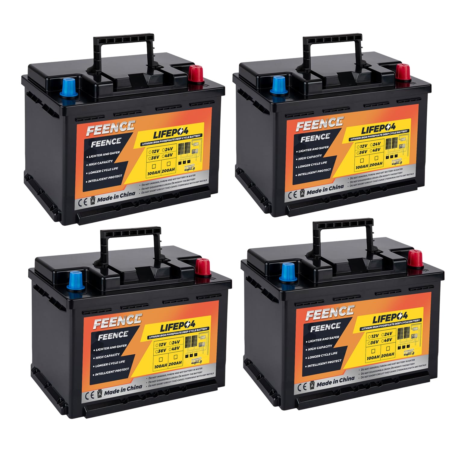 4 PACK of 12V 100Ah LiFePO4 Lithium Batterie MINI Size Height 188cm, 100A BMS Autobatterie, bis zu 15000 Zyklen, Mini-Größe für Wohnwagen, Wohnmobile, Boote, Trolling-motor, Solar von FEENCE