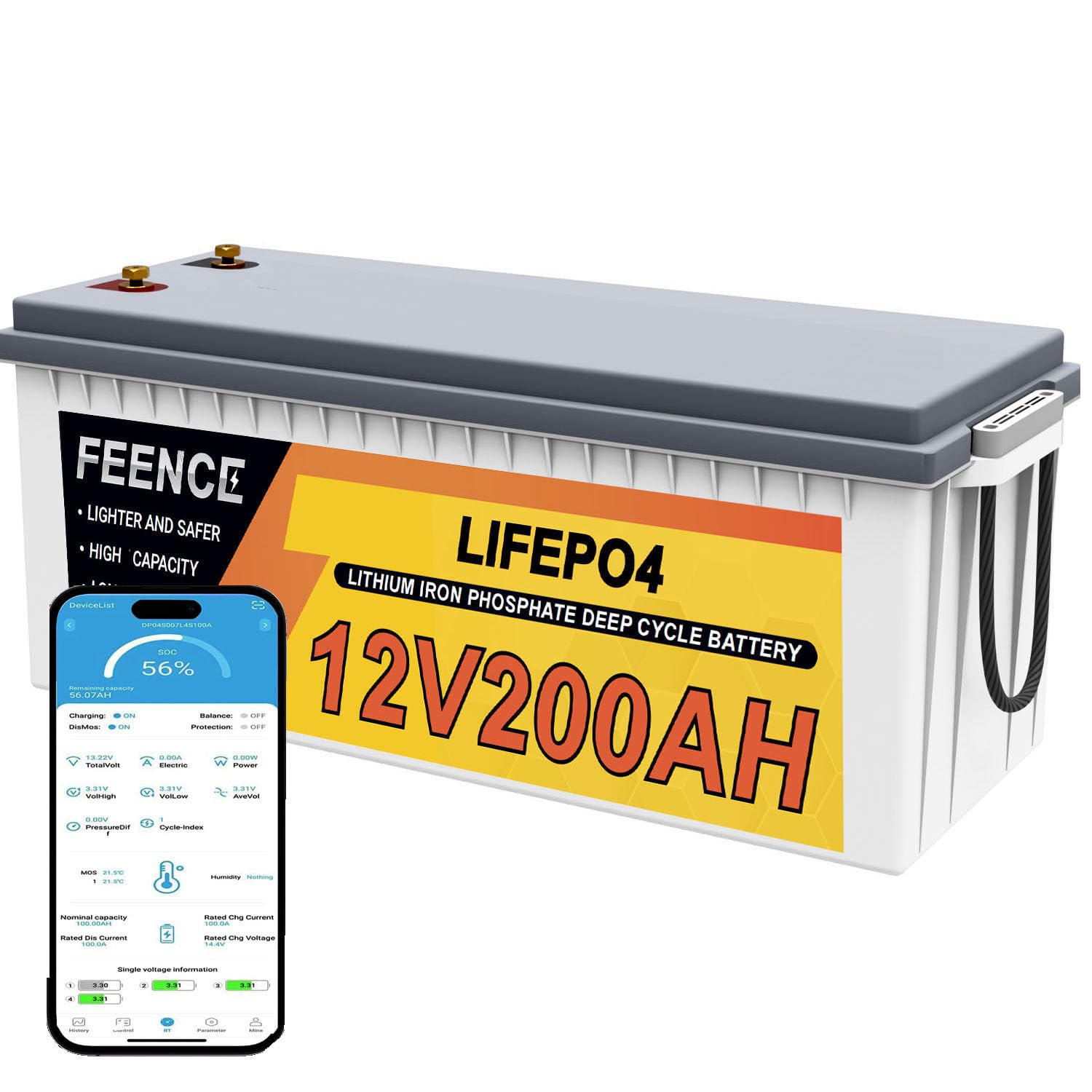 FEENCE 12V 200Ah LiFePO4 Batterie with Bluetooth, 200A BMS, bis zu 15000 Zyklen Deep Cycle Lithium Batterie, Max. 2560Wh für Wohnmobile, Boote, Trolling-motor, Solar, Camping, Autorbatterie von FEENCE