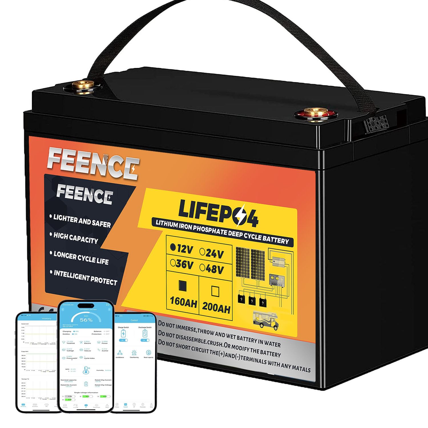 FEENCE LiFePO4 160Ah Bluetooth, Lithium batterie 12V 160ah mit BMS Low Temperature Schutz und Max. 15000 Zyklens,2048Wh Autobatterie für Wohnmobil,Boot,Solarpanel von FEENCE