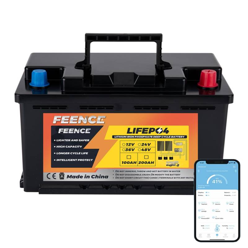 Feence LiFePO4 Bluetooth 100ah 12v Batterie mit BMS, 4000-15000 Zyklen Deep Cycle Lithium Batterie,Erset AGM Gel Batterie für Wohnmobil, Campervan,Boot,Trolling Motor, Solaranlage,Autobatterie von FEENCE