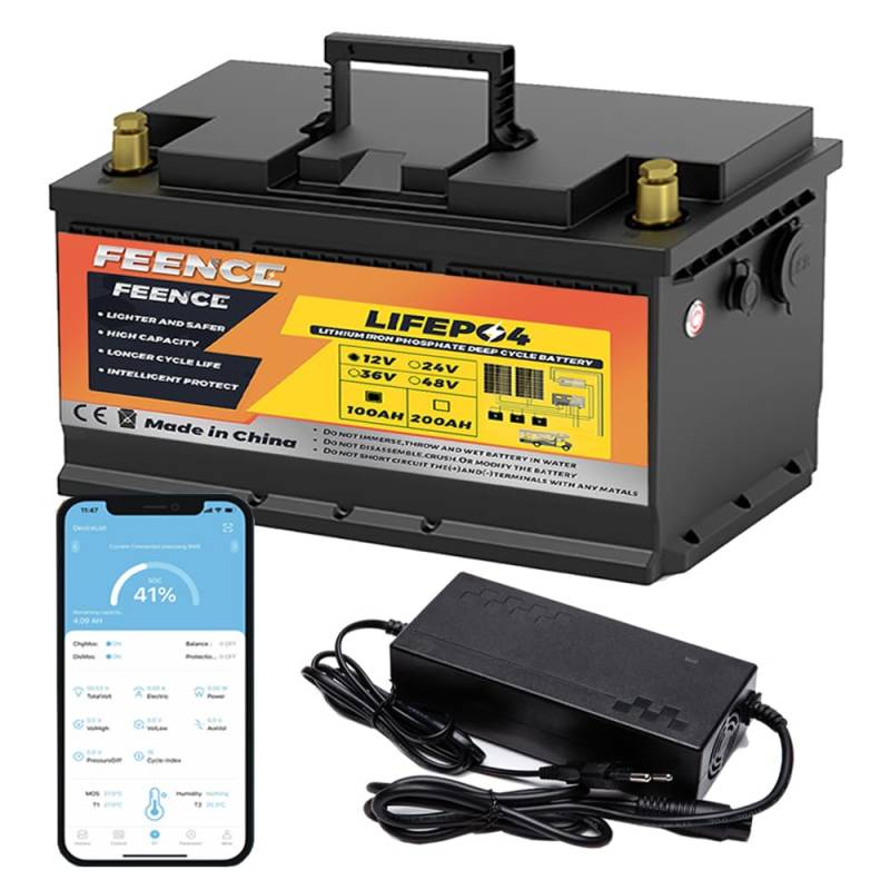 Lithium Batterie 12.8V 100Ah Bluetooth, 100A BMS Autobatterie, über 15000 Mal Tiefzyklus Lithium Akku 1280W Abschaltschutz bei Niedriger Temperatur für Wohnmobil, Camping, Boot, Solare Heimanlagen von FEENCE