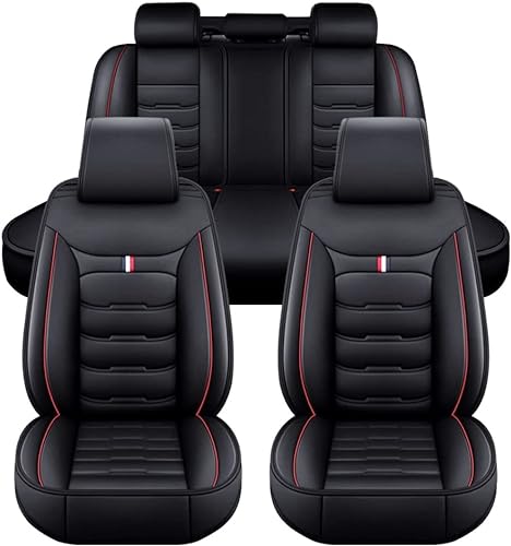 FESTAS Auto Sitzbezüge Sets für Ford C Max Energi 2013-2017, 5 Sitze Leder Sitzschoner Vorne und Hinten Wasserdicht Verschleißfest Komfortabler Accessories,E Black Red von FESTAS