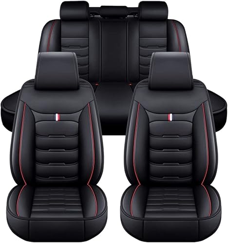 FESTAS Auto Sitzbezüge Sets für Ford Puma 2019+, 5 Sitze Leder Sitzschoner Vorne und Hinten Wasserdicht Verschleißfest Komfortabler Accessories,E Black Red von FESTAS