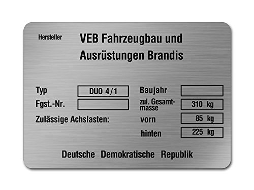 Typenschild passend für Duo 4/1 alt (Aluminium)*** von FEZ Fahrzeugteile GmbH