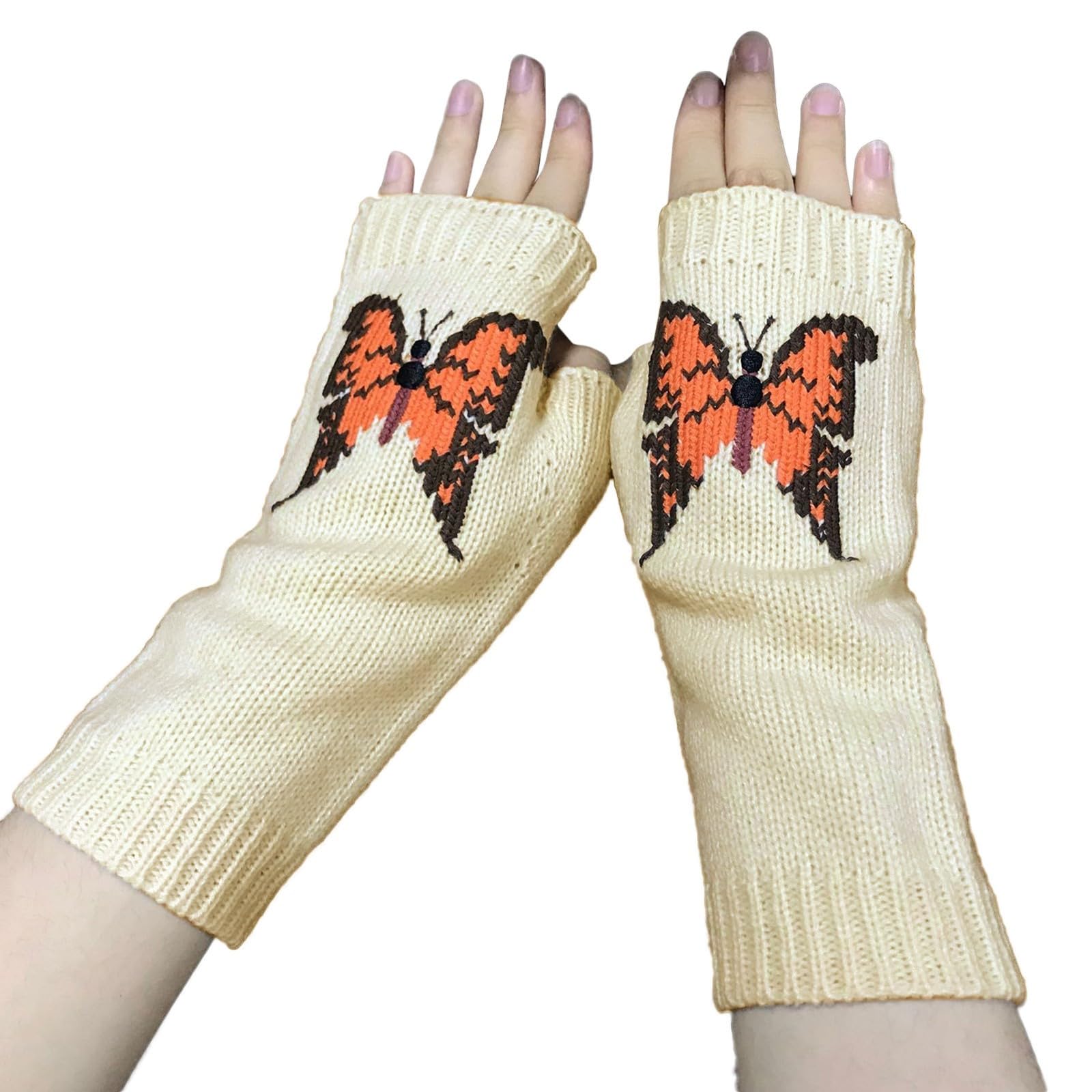 FGUUTYM Damen Grenze und Winter Orange Schmetterling Lange Warme Erwachsene Strickhandschuhe Wollhandschuhe Handschuhe Schwarz Strick Damen (White, One Size) von FGUUTYM