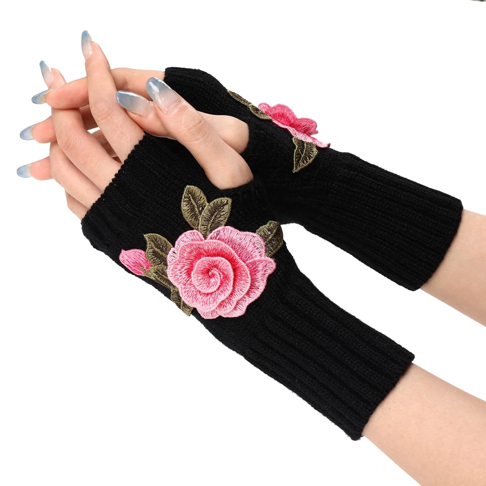 FGUUTYM Warme Damen-Strickhandschuhe, wandelbare Fäustlinge, modische Blumen Dicker Winterschal Damen (Pink, One Size) von FGUUTYM