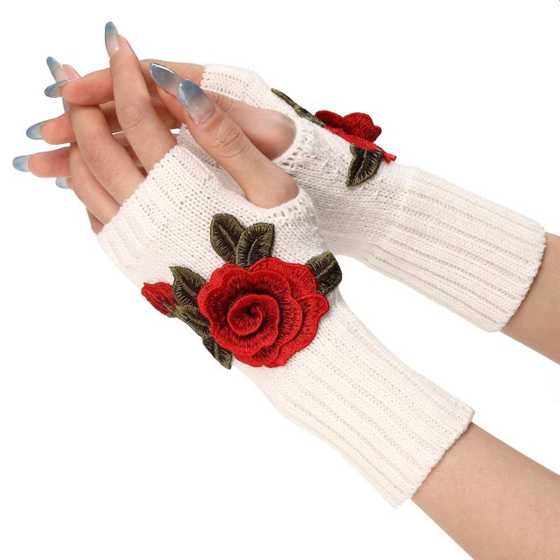 FGUUTYM Warme Damen-Strickhandschuhe, wandelbare Fäustlinge, modische Blumen Dicker Winterschal Damen (Watermelon Red, One Size) von FGUUTYM