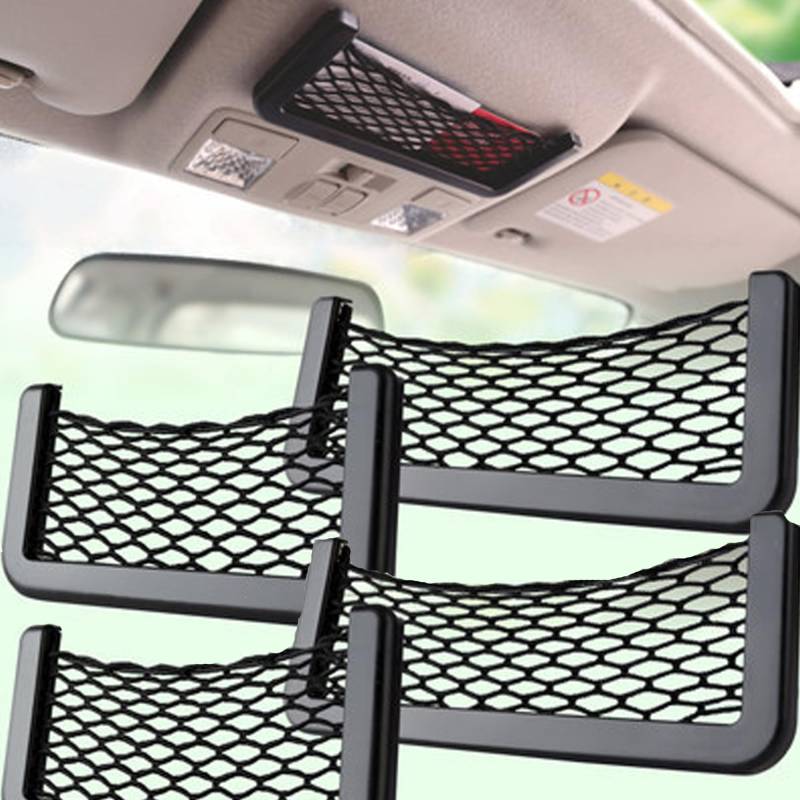 FGX 4 Pack Aufbewahrungsnetz, Car Trunk Storage Net, Kofferraumnetztaschen Schwarz, Auto Selbstklebend Ablagenetz, Stretchnetz Ablage, Elastisch, Für Handy Geldbörse Auto Schlüssel Papiertuch von FGX