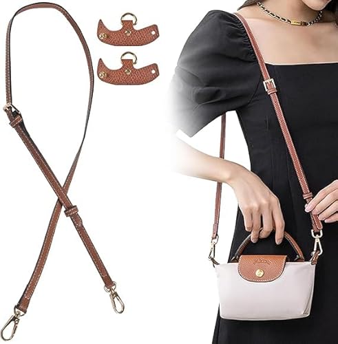 Schultergurt für Longchamp Leder Geldbörsenriemen,Leder Schultergurt mit Metall Drehhaken No-Punch für Longchamp Le Pliage,Verstellbarer 92–117cm Universal Schulterriemen (Brown Gold) von FGen