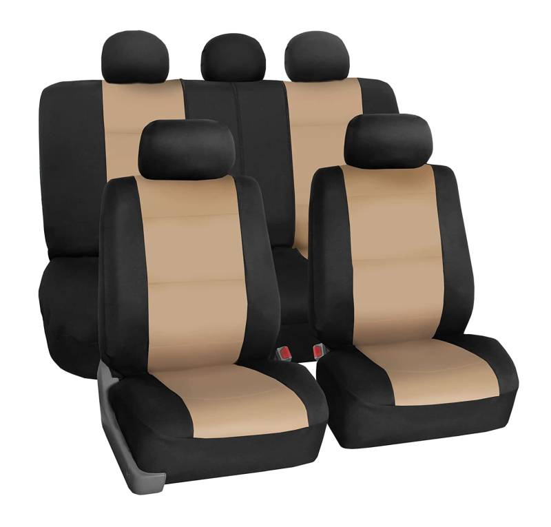 FH Group Autositzbezüge, komplettes Set, Neopren, universelle Passform, Auto-Sitzbezüge, niedrige Rückenlehne, Airbag-kompatibel, Geteilte Sitzbank, waschbarer Autositzbezug für SUV, Limousine, Beige von FH GROUP