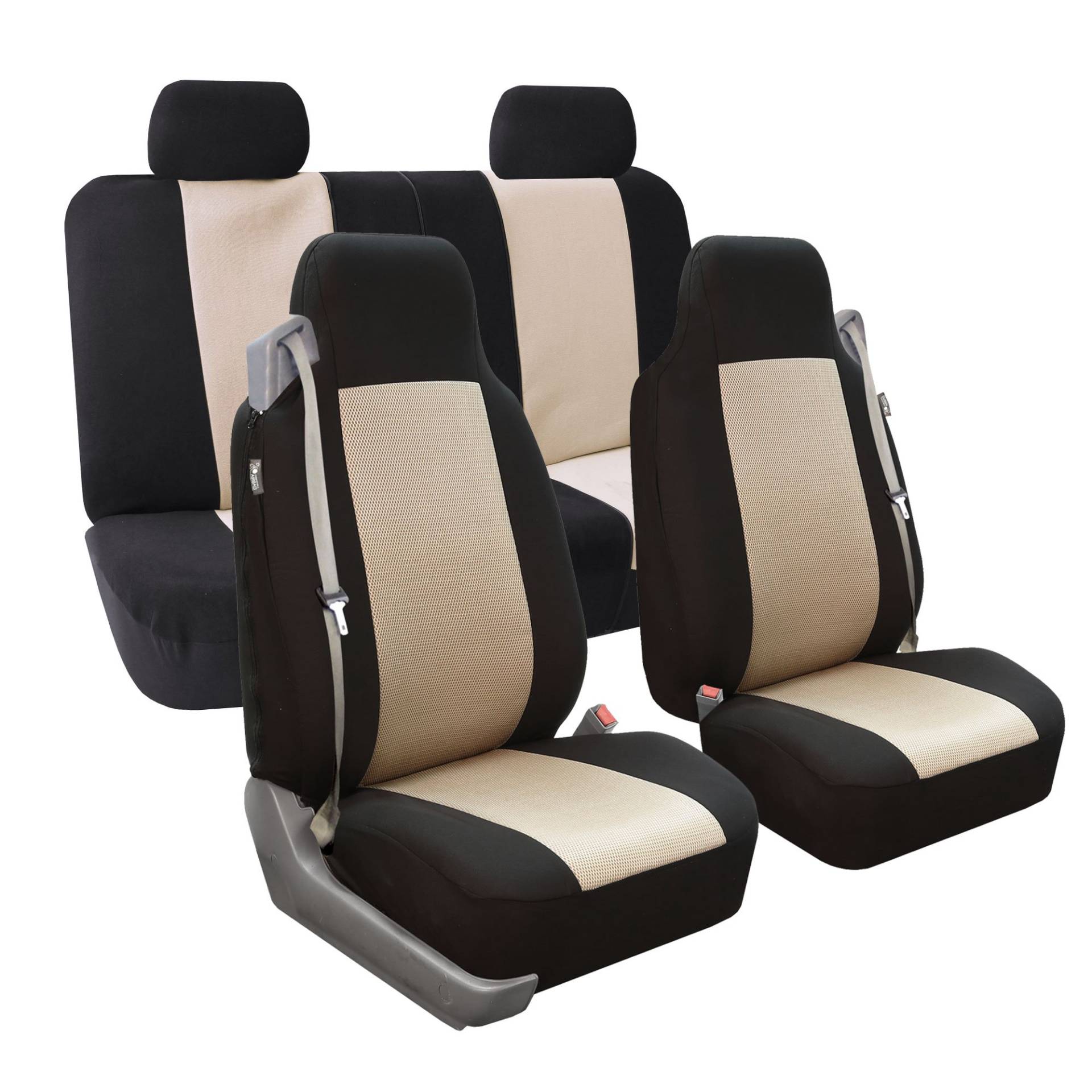 FH Group Komplettes Set mit integriertem Sicherheitsgurt, klassisch, Stoff, Autositzbezüge, universelle Passform, waschbarer Autositzbezug für SUV, Limousine, Van, Beige von FH GROUP