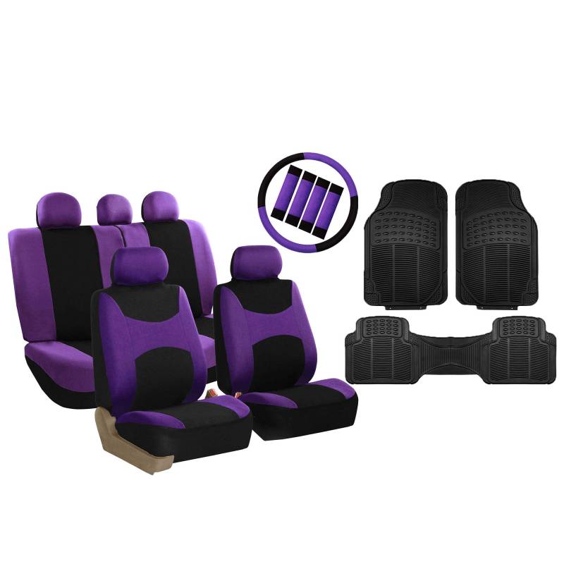 FH Group Light & Breezy Cloth Full Set Car Seat Covers (Purple /Black) Combo Set: Steering Wheel Cover, Seat Belt Pads and Black Vinyl Floor Mats – Universal Fit for Cars Trucks & SUVs von FH GROUP