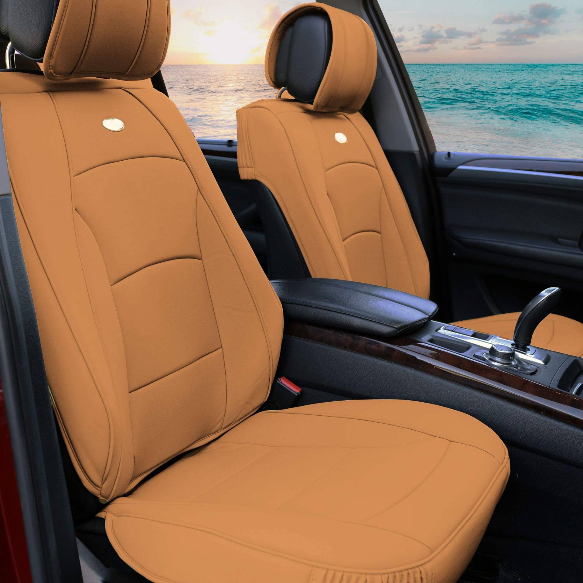 FH Group PU205SOLIDTAN102 Universal Fit Ultra Comfort Kunstleder Front Set Solid Tan Automotive Sitzkissen passend für die meisten Autos, SUVs und LKWs, Airbag kompatibel von FH GROUP