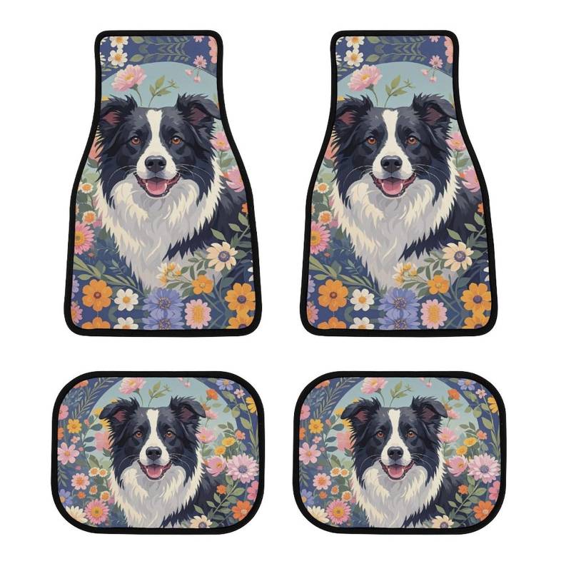 4 Stück Auto Fußmatten Set rutschfeste Auto Fußmatten Border Collie Florals Gedruckt Automatten Allwetter Auto Teppich Auto Zubehör für Limousinen LKW Vans SUV Fahrzeug von FHECVBN