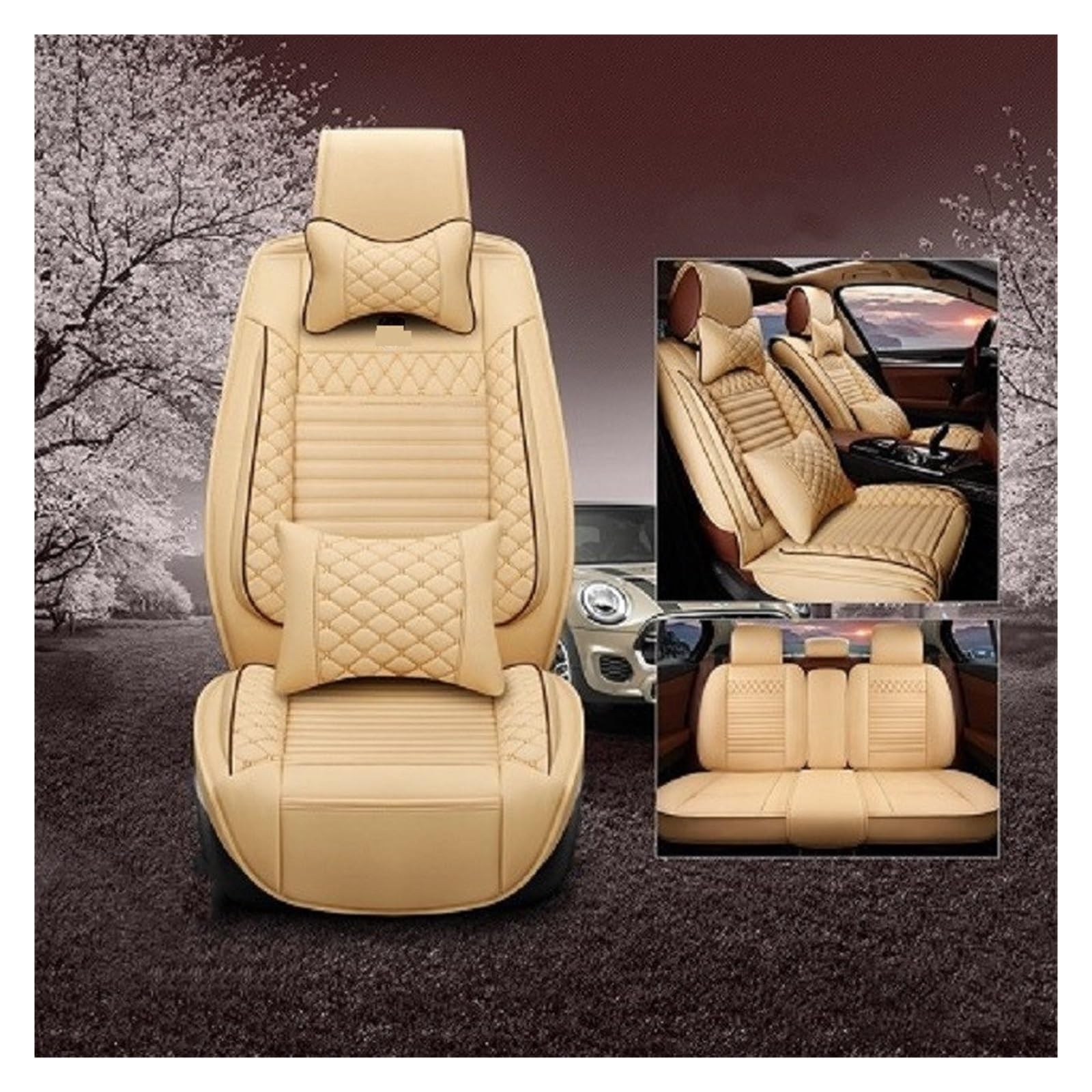 Autositzbezüge Vollständiges Set Kompatibel mit Limousine SUV Strapazierfähiges Leder Verstellbares Fünfsitzkissen Vorder- und Rücksitzbezug (9pcs Set Beige) von FIDBNAOOD