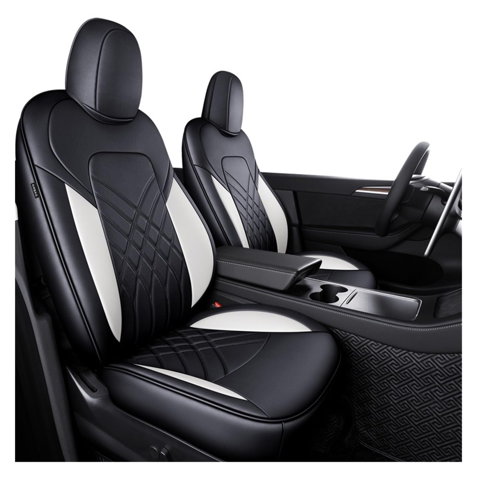 Kompatibel mit Tesla Model 3 Custom Fit Autositzbezug Zubehör Kompatibel mit Modell Y 360 Grad voll gepolstertes Lederkissen Weiß 003(5pcs black set) von FIDBNAOOD