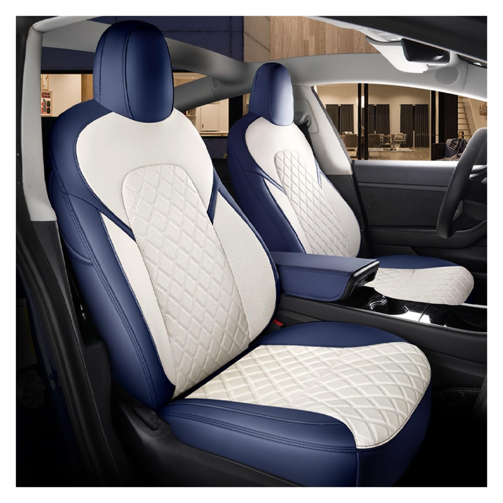 Kompatibel mit Tesla Model 3 Y Custom Fit Autositzbezug Zubehör Kompatibel mit Tesla 360 Grad Vollbedeckt Mitte Echtes Leder Weiß Blau(White blu set) von FIDBNAOOD