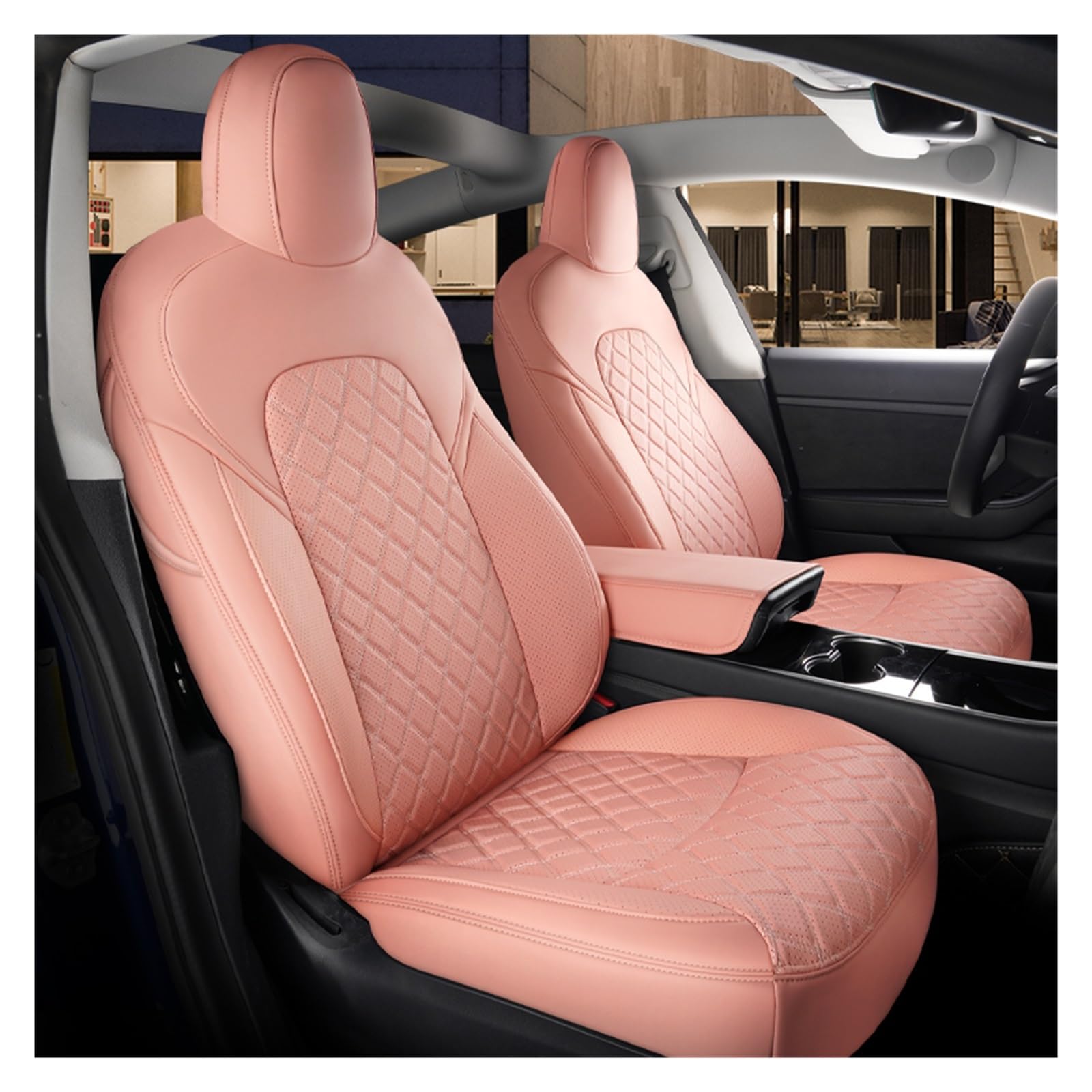 Kompatibel mit Tesla Model 3 Y Custom Fit Autositzbezug Zubehör Kompatibel mit Tesla 360 Grad Vollbedeckt Mittelkissen aus echtem Leder Rosa(Coral Set) von FIDBNAOOD