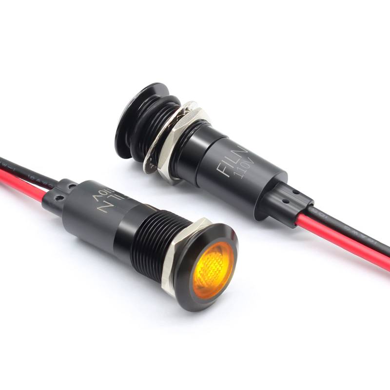 FILN 2Pcs 12MM(1/2") Blinkleuchte led Blinker 110V Metall Blinkleuchte Aluminium schwarz eloxiert wasserdicht ip67 gelb Signallichtlampe (110V schwarz beschichtet - gelb 2Pcs) von FILN