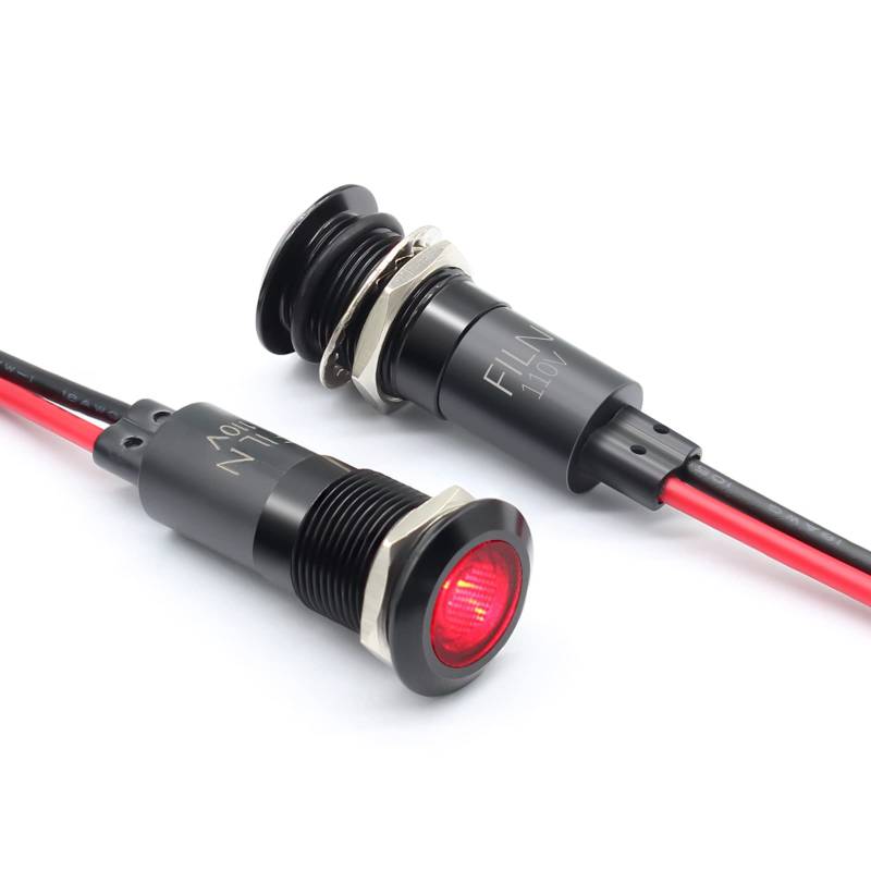 FILN 2Pcs 12MM(1/2") Blinkleuchte led Blinker 110V Metall Blinkleuchte Aluminium schwarz eloxiert wasserdicht ip67 rote Signallampe (110V schwarz beschichtet - rot 2Pcs) von FILN