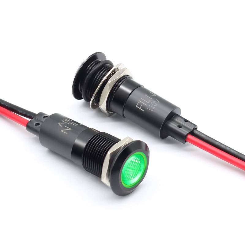 FILN 2Pcs 12MM(1/2") Blinklicht led Blinker 110V Metall Blinklicht Aluminium schwarz eloxiert wasserdicht ip67 grünes Signallicht Lampe (110V schwarz beschichtet - grün 2Pcs) von FILN