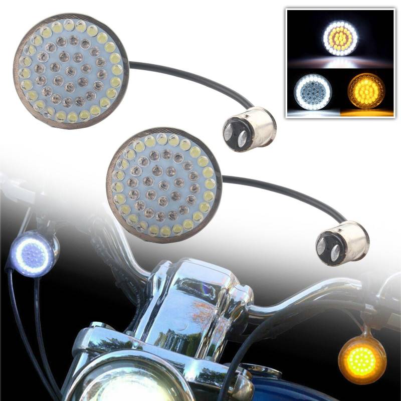 FINMOKAL 2 Zoll LED-Blinker 1157 Bullet, bernsteinfarbene Blinker, weiße Laufbirnen, kompatibel mit Harley Touring Dyna Softail Sportster Tri Glide von FINMOKAL