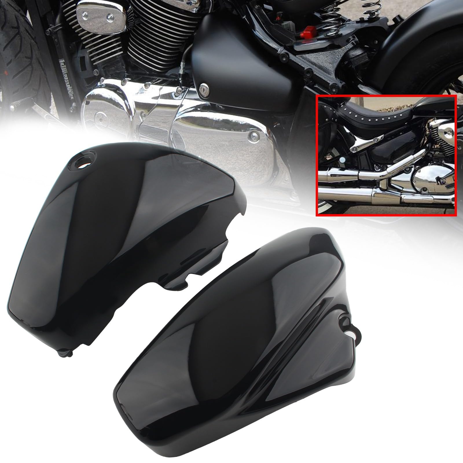 FINMOKAL 2 x schwarze Motorrad-Batterieverkleidung Seitenabdeckungen links rechts kompatibel mit Suzuki Boulevard Voluisa C50 VL400 VL800 2001-2017 von FINMOKAL