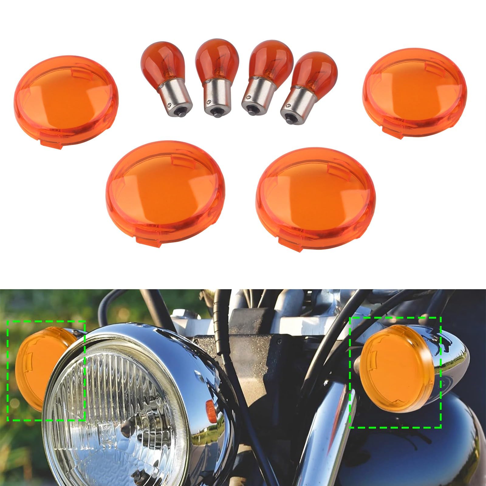 FINMOKAL 4-teilige gelbe Bullet-Blinker-Linsenabdeckung mit bernsteinfarbenem Glühbirnen-Kit, kompatibel mit Harley Touring Electra Glide Dyna Softail Sportster 2000-2015 von FINMOKAL