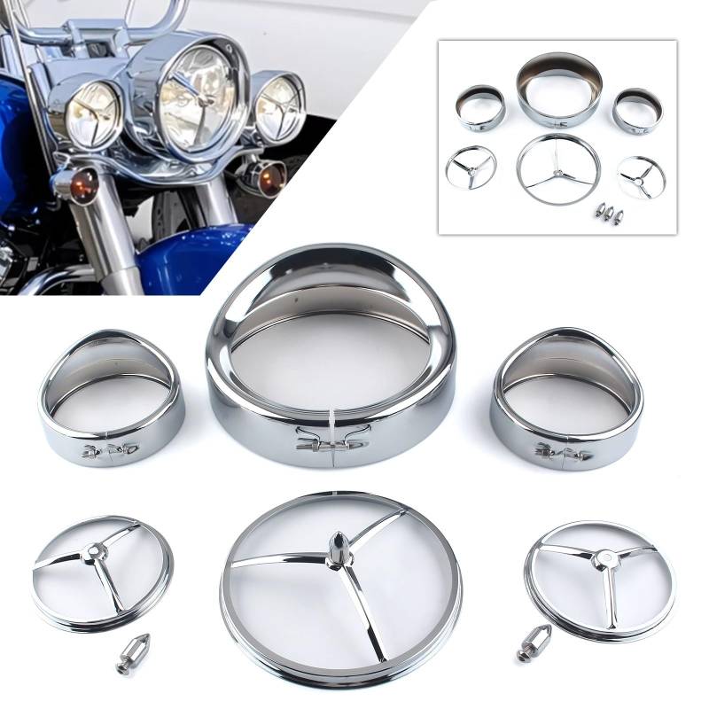 FINMOKAL 7 Scheinwerferblendenring + 4,5 Nebelscheinwerferblendenabdeckungen mit Tri Bar Bullet Spike Style Zierring passend für Harley Road King Electra Glide Street Glide Tri Glide von FINMOKAL