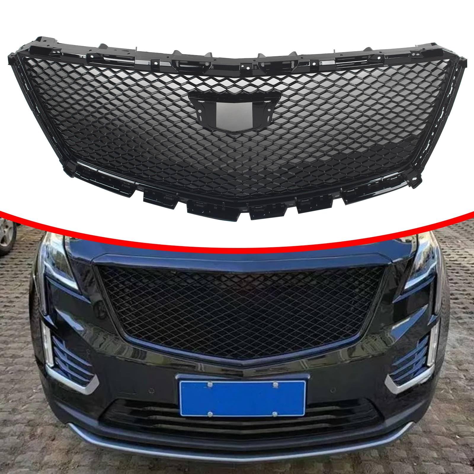 FINMOKAL ABS Schwarz Frontstoßstange Oberer Kühlergrill Waben-Stil Stoßstange Haube Grill Mesh Abdeckung Kompatibel mit Cadillac XT5 2016-2021 von FINMOKAL