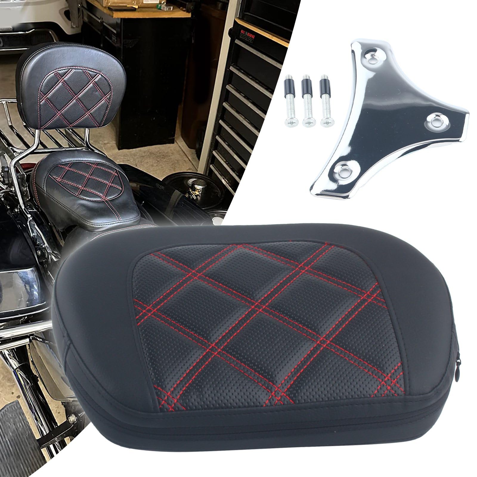 FINMOKAL Beifahrer-Rückenlehnenpolster Sissy Bar Sitzpolster mit Halterung, kompatibel mit Harley Touring Road Electra Glide Road King FLHR 96–21 Street Glide FLHX CVO Ultra Classic Softail (rote von FINMOKAL