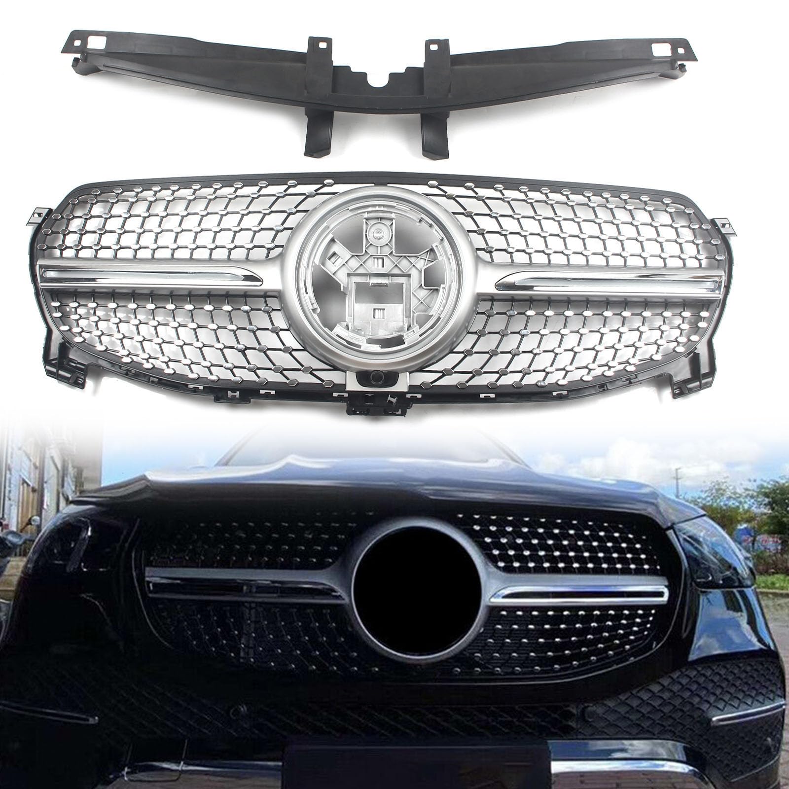 FINMOKAL Diamond Style Frontstoßstangengrill Kompatibel mit Benz W167 GLE-Klasse GLE350 GLE450 GLE580 2020+, Chrom + Silber von FINMOKAL