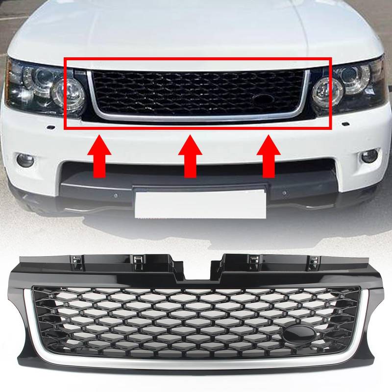 FINMOKAL Frontgrill Luftseitenlüftungsgitter passend für 2010-13 Range Rover Sport Frontstoßstange, oberer Mittelgrill, schwarzer Balken, silberfarben von FINMOKAL