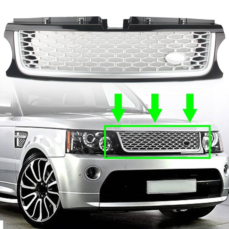 FINMOKAL Frontgrill Luftseitenlüftungsgitter passend für Land Rover Range Rover Sport 2010-2013 Frontstoßstange oberer Mittelgrill schwarz+silber von FINMOKAL